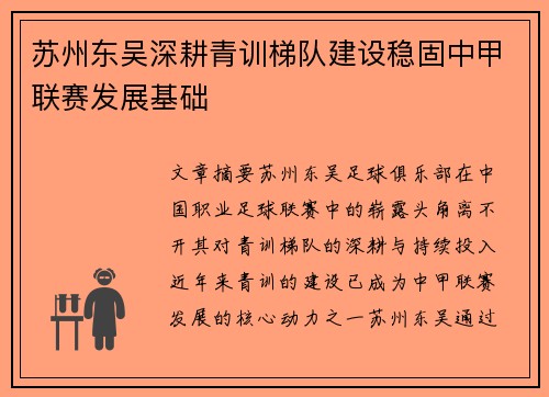 苏州东吴深耕青训梯队建设稳固中甲联赛发展基础