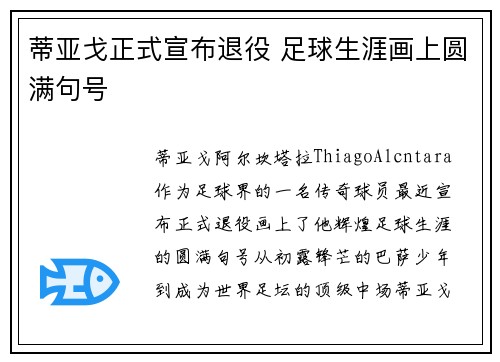 蒂亚戈正式宣布退役 足球生涯画上圆满句号